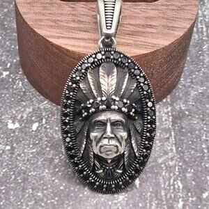 Native American Chief Pendant Black CZ Sterling Silver Southwestern Style